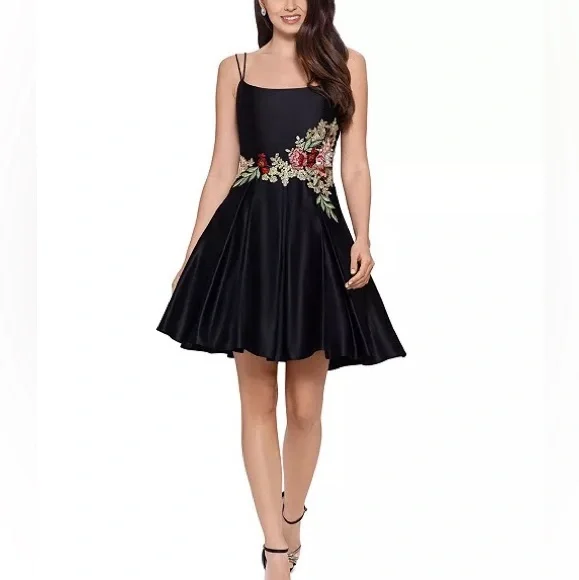 Blondie Nites | Dresses | Blondie Nites Black Floral Embroidery Fit Flare  Party Dress Wedding Hoco Sz 3 | Poshmark